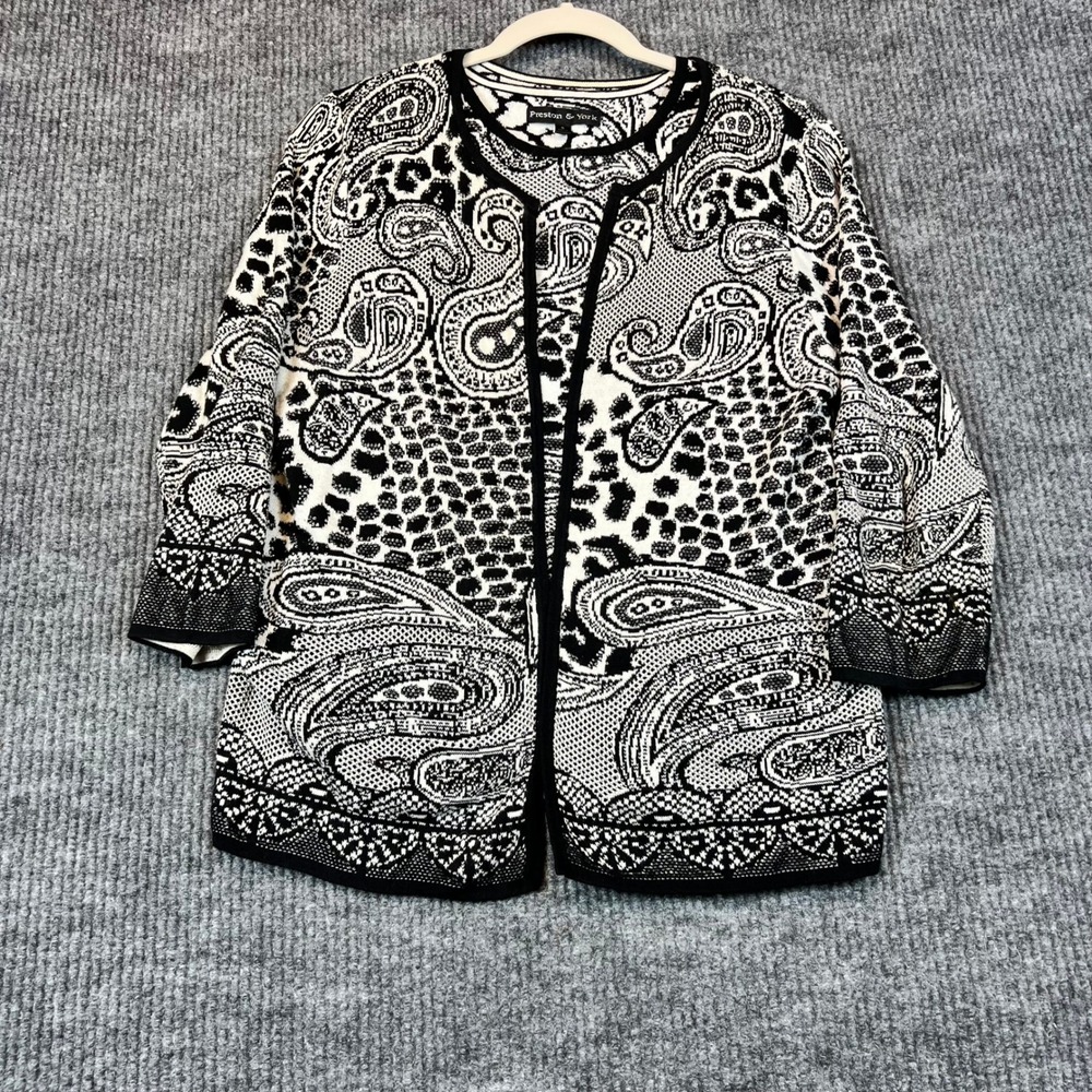 Preston & York Cardigan Cotton Jacquard Paisley Leopard Print Black White M